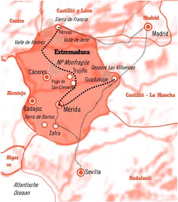 Kaart 12 daagse Rondreis Extremadura Spanje met verlenging