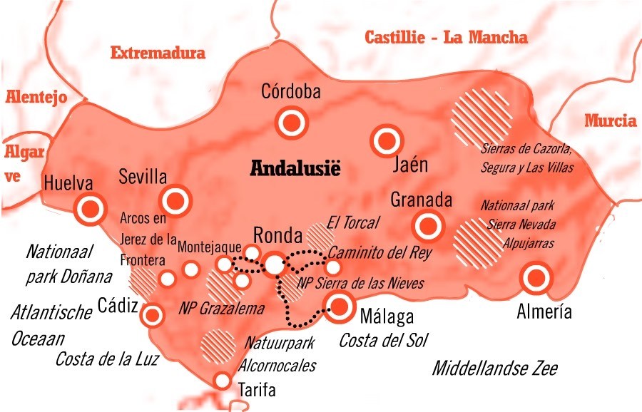 Kaart fly drive Málaga en omgeving, Andalusie 8 dagen