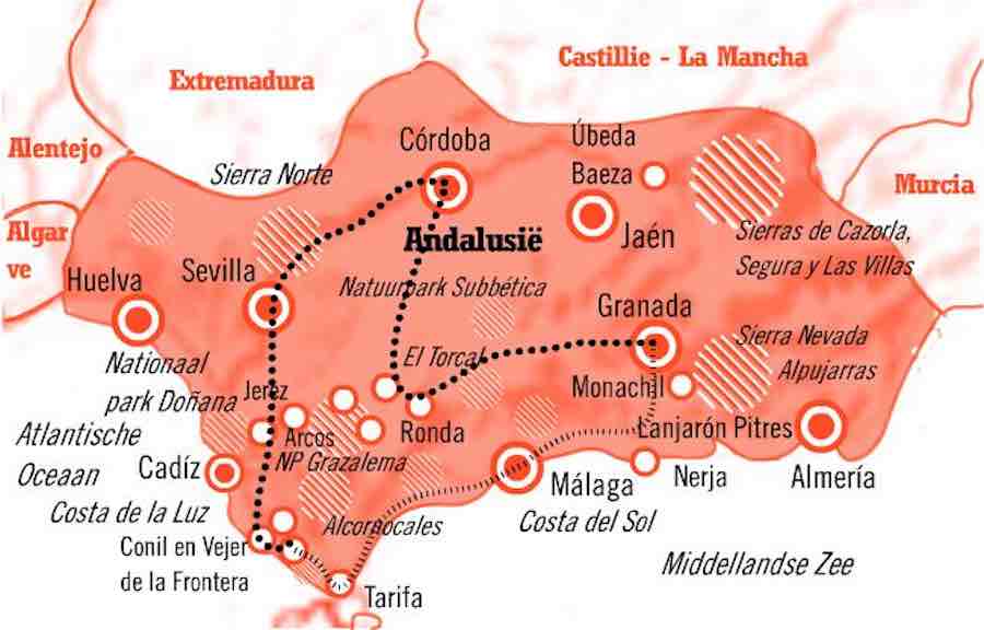 Kaart Andalusië rondreis  15 dagen Cultuur en Natuur